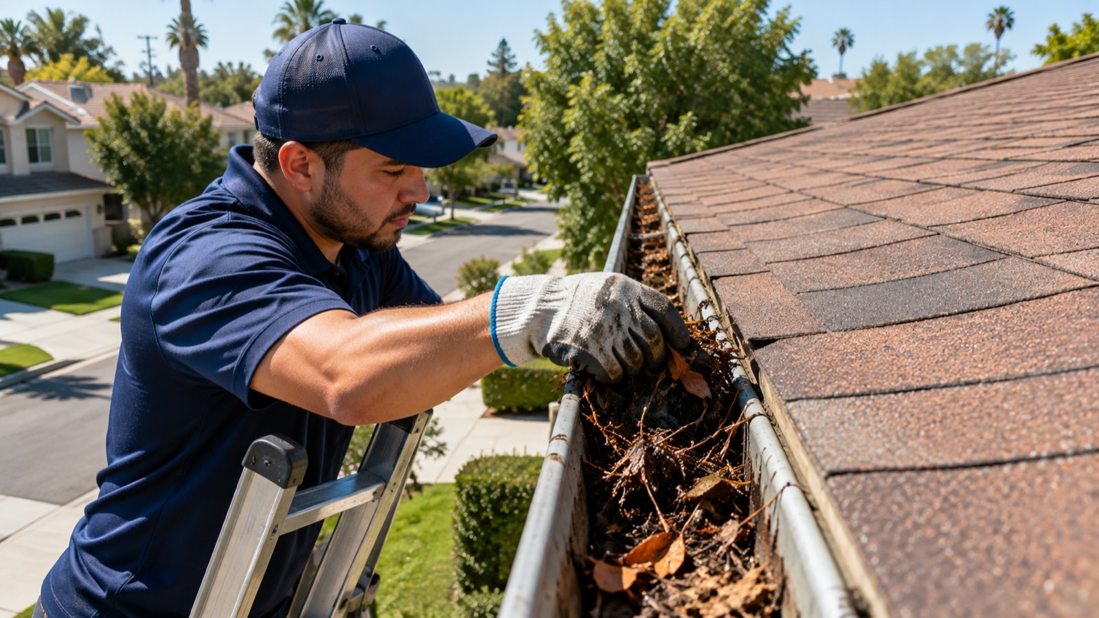 gutter cleaning Burbank CA technician clearing roofline debris
