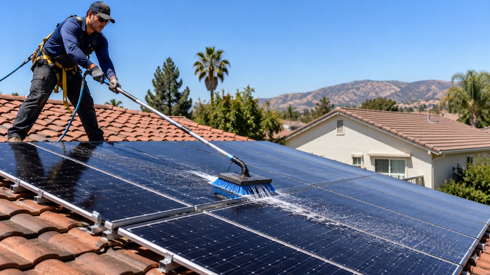 solar panel cleaning Burbank CA technician cleaning rooftop panels