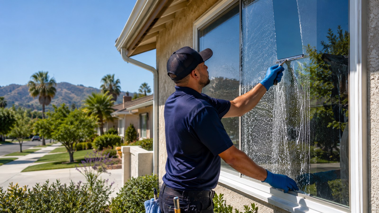 window cleaning Burbank CA technician washing exterior glass